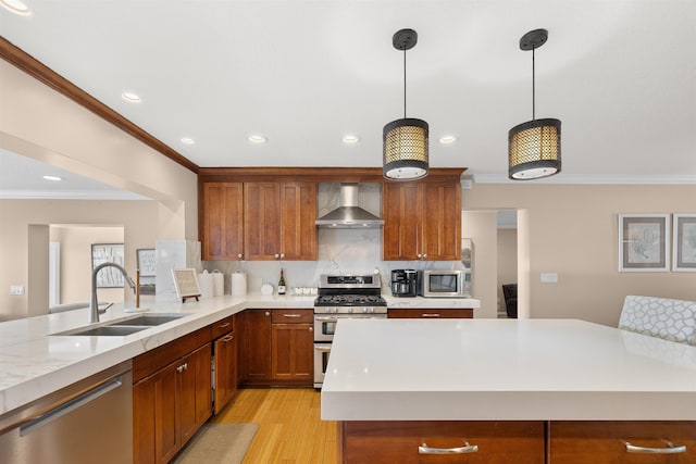 kitchen with light countertops, backsplash, a sink, wall chimney exhaust hood, and appliances with stainless steel finishes