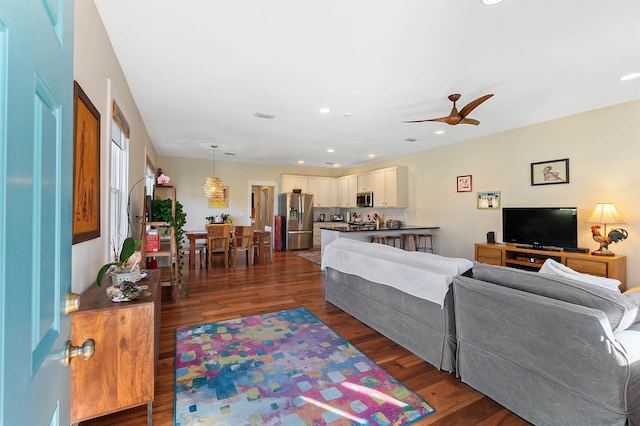 161 Blanco St, Saint Augustine, FL 32084 - living room featuring dark wood-style floors, ceiling fan, visible vents, and recessed lighting