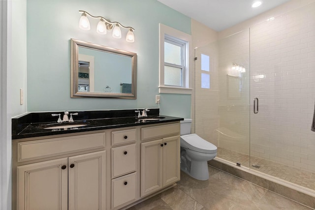161 Blanco St, Saint Augustine, FL 32084 - bathroom featuring a sink, a shower stall, toilet, and double vanity