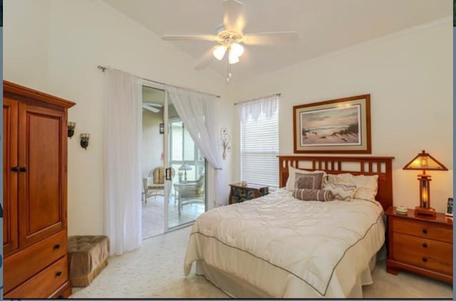 carpeted bedroom featuring ceiling fan and access to outside