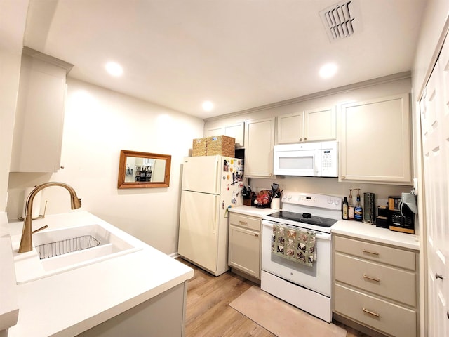 kitchen with light wood-type flooring, white appliances, and sink