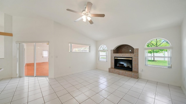 53 Pritchard Dr, Palm Coast, FL 32164 - unfurnished living room with a fireplace, ceiling fan, high vaulted ceiling, and light tile patterned floors