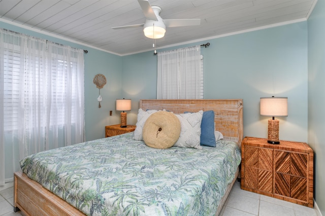 tiled bedroom with ceiling fan, wooden ceiling, and ornamental molding