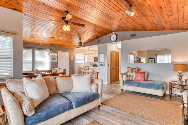 living room with ceiling fan, light hardwood / wood-style floors, wood ceiling, and vaulted ceiling