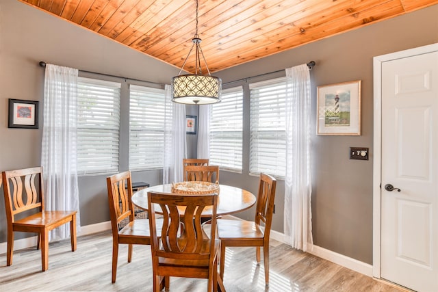 dining space featuring plenty of natural light, light hardwood / wood-style floors, and wood ceiling