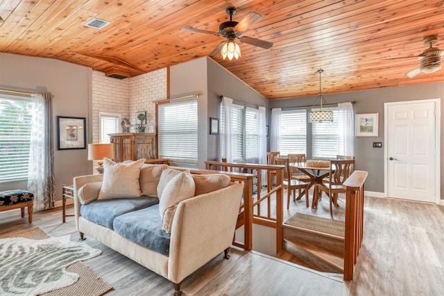 living room featuring wood ceiling, ceiling fan, light hardwood / wood-style floors, and lofted ceiling