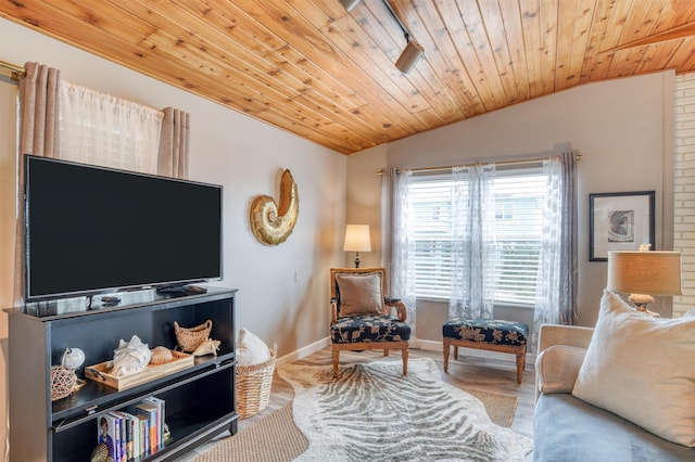 living room featuring hardwood / wood-style flooring, vaulted ceiling, and wood ceiling