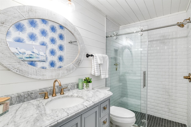 bathroom featuring vanity, wood walls, toilet, and walk in shower