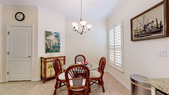 dining space with a notable chandelier, ornamental molding, and light tile patterned floors