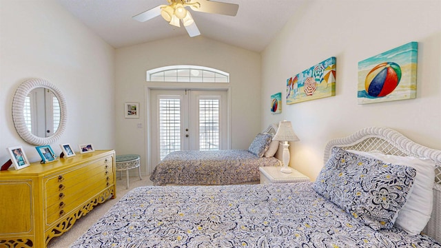 carpeted bedroom with french doors, access to exterior, ceiling fan, and vaulted ceiling