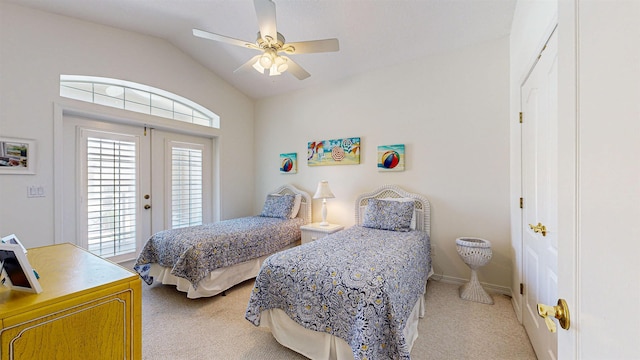 bedroom with access to outside, french doors, lofted ceiling, ceiling fan, and light carpet