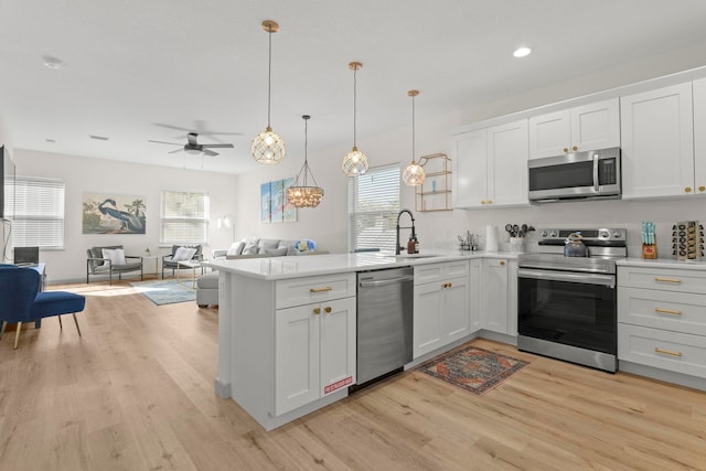 kitchen with a peninsula, light wood-style flooring, open floor plan, and appliances with stainless steel finishes