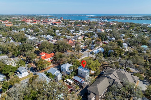 aerial view featuring a water view and a residential view