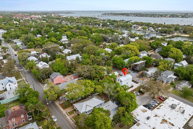 aerial view featuring a water view and a residential view