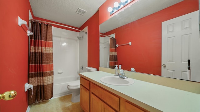 full bathroom with vanity, shower / tub combo, a textured ceiling, and toilet