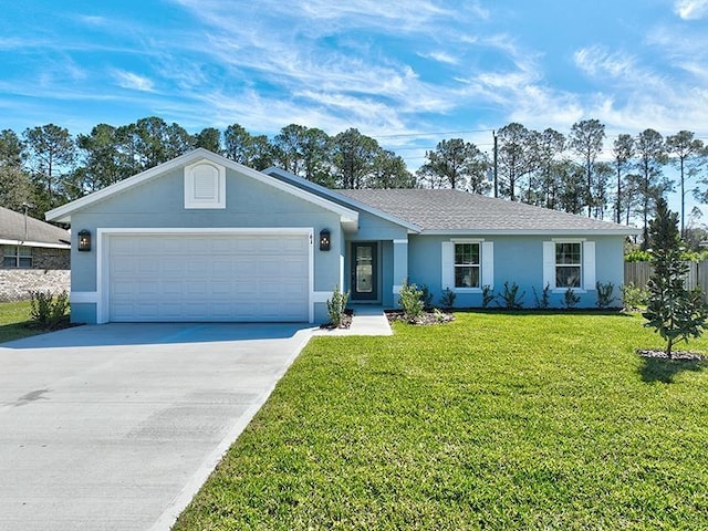 ranch-style house with a front lawn, fence, stucco siding, driveway, and an attached garage