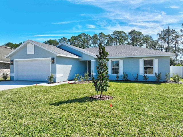 ranch-style house featuring driveway, a front lawn, a garage, and a shingled roof