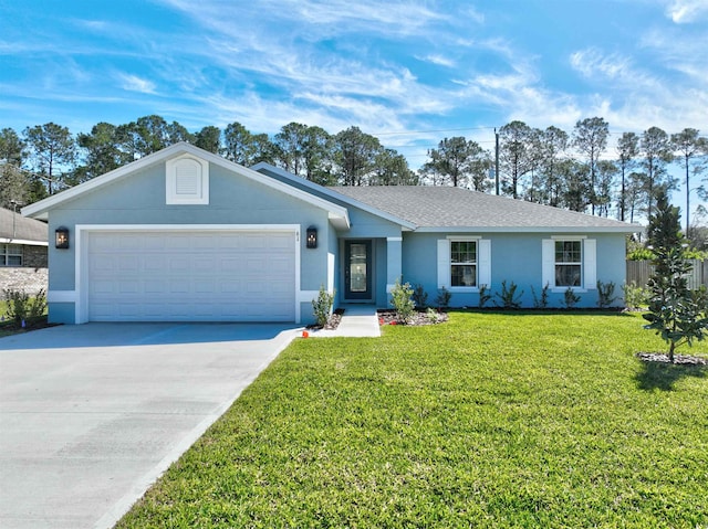 ranch-style house with stucco siding, a front lawn, fence, concrete driveway, and an attached garage