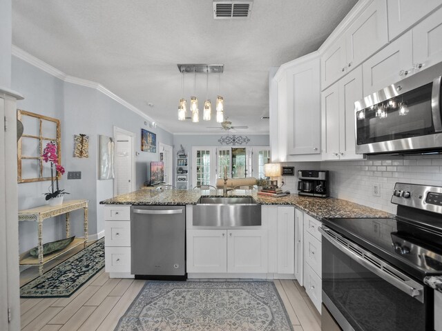 84 Seascape Cir, Saint Augustine, FL 32080 - kitchen featuring appliances with stainless steel finishes, a sink, a peninsula, a ceiling fan, and crown molding