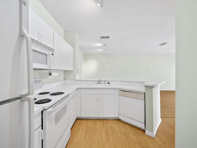 kitchen featuring sink, white appliances, white cabinetry, kitchen peninsula, and light wood-type flooring