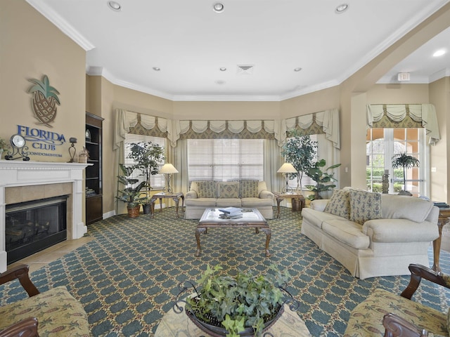 carpeted living room with crown molding and a fireplace