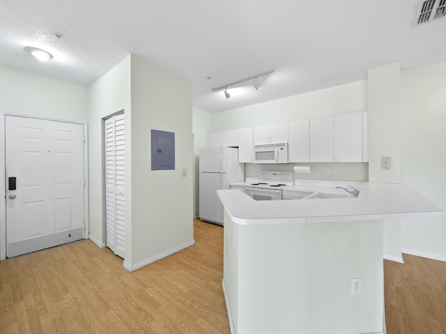 kitchen featuring white cabinets, electric panel, light hardwood / wood-style floors, kitchen peninsula, and white appliances