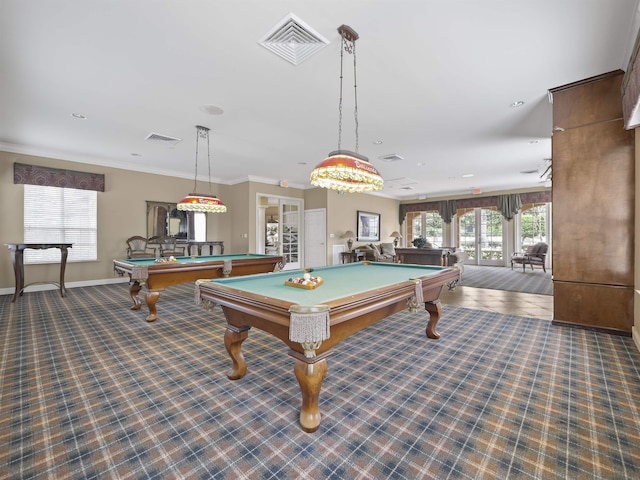 game room with ornamental molding, plenty of natural light, and billiards