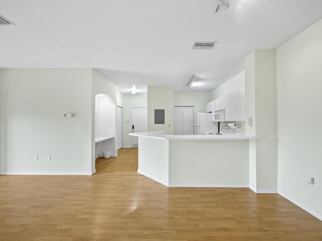 kitchen with white cabinets, white appliances, electric panel, kitchen peninsula, and light wood-type flooring