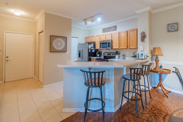 kitchen featuring stainless steel appliances, track lighting, kitchen peninsula, and a breakfast bar area