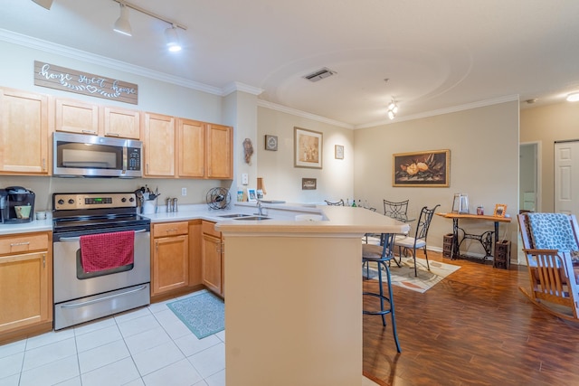 kitchen with sink, crown molding, kitchen peninsula, and appliances with stainless steel finishes