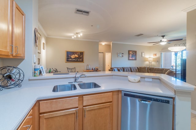 kitchen featuring dishwasher, crown molding, kitchen peninsula, ceiling fan, and sink