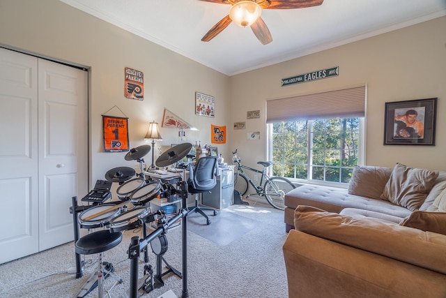 office with ceiling fan and ornamental molding