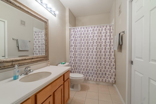 bathroom with vanity, a shower with shower curtain, tile patterned flooring, and toilet