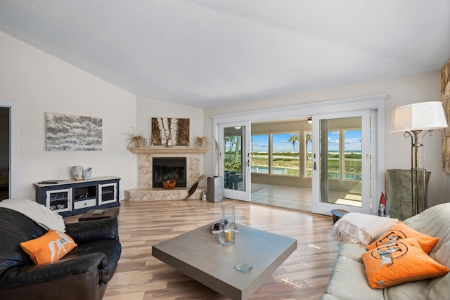 living area with lofted ceiling, wood finished floors, a fireplace with raised hearth, and a textured ceiling