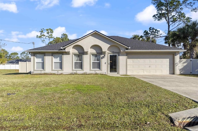 ranch-style house with a front yard and a garage