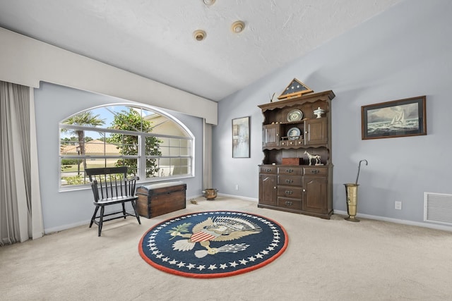 living area with light carpet, baseboards, visible vents, lofted ceiling, and a textured ceiling