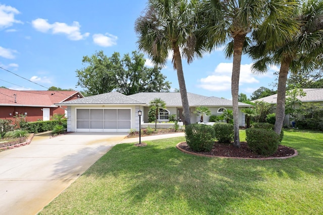 single story home with a front yard, driveway, an attached garage, and stucco siding