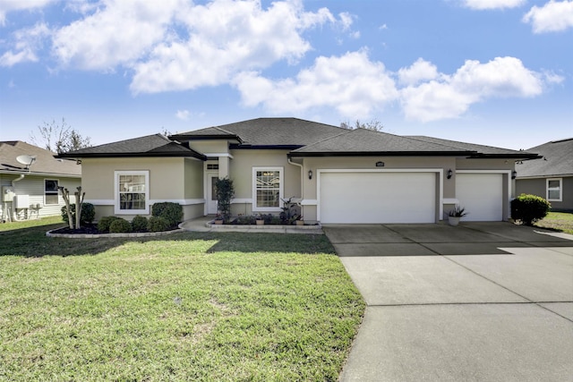 prairie-style house with an attached garage, a shingled roof, driveway, stucco siding, and a front yard