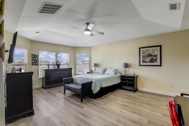 bedroom with visible vents, light wood-style flooring, and baseboards