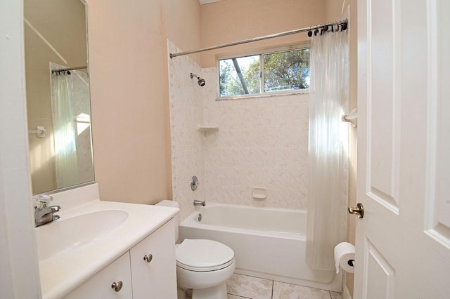 full bathroom featuring tile patterned flooring, shower / tub combo, vanity, and toilet