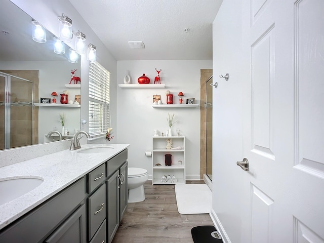 bathroom with toilet, a stall shower, and a sink