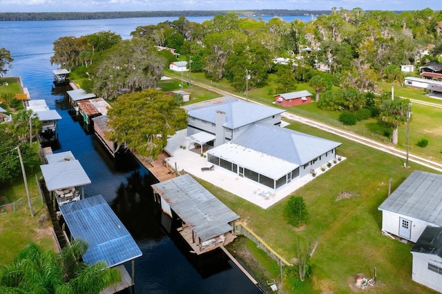 drone / aerial view featuring a water view