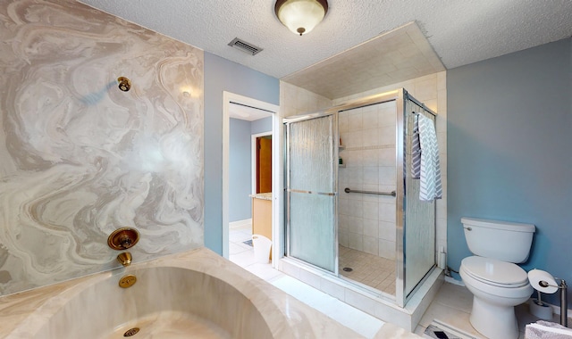 bathroom with toilet, a stall shower, visible vents, and tile patterned floors