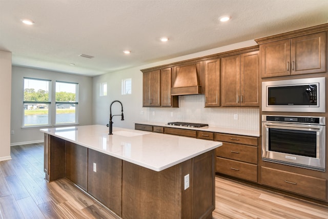 29 Turkey Trot Ct, Saint Augustine, FL 32095 - kitchen featuring light wood finished floors, stainless steel appliances, light countertops, a sink, and custom range hood