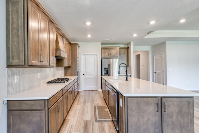 29 Turkey Trot Ct, Saint Augustine, FL 32095 - kitchen with custom exhaust hood, a sink, light wood-type flooring, appliances with stainless steel finishes, and visible vents