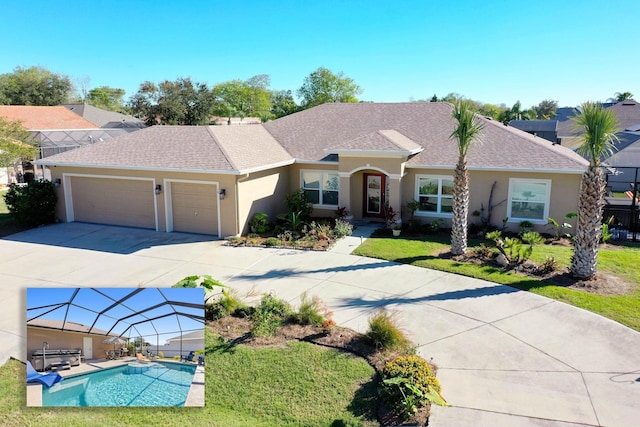 ranch-style home featuring a garage, an outdoor pool, concrete driveway, roof with shingles, and stucco siding