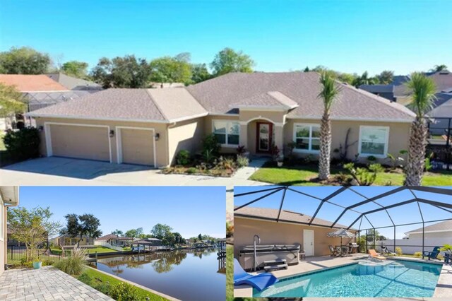 exterior space featuring a water view, a hot tub, and a lanai