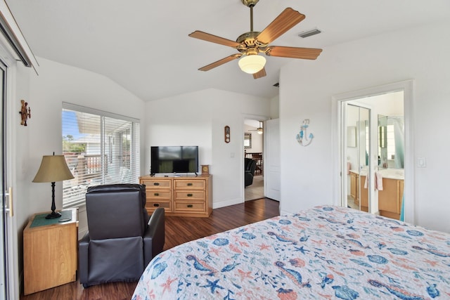 8961 A1A, Saint Augustine, FL 32080 - bedroom featuring lofted ceiling, wood finished floors, a ceiling fan, and ensuite bathroom