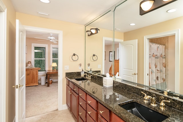 bathroom featuring a sink, ceiling fan, recessed lighting, and double vanity