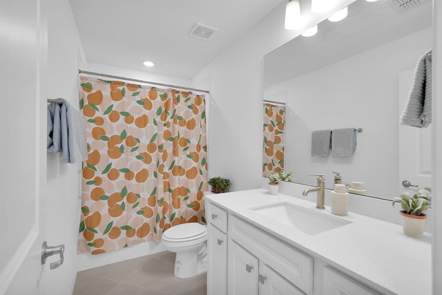 bathroom with tile patterned flooring, vanity, toilet, and a shower with shower curtain